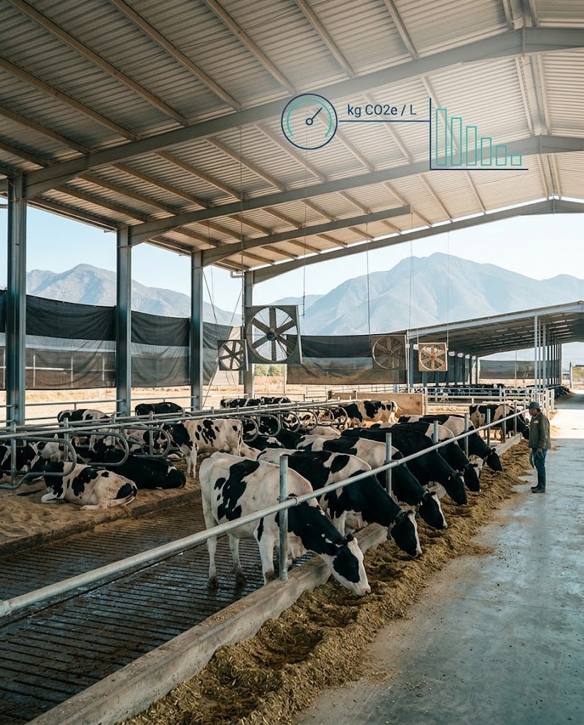 Hato de vacas lecheras en establo moderno con techo metálico y montañas al fondo